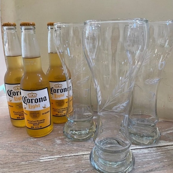 Etched Wheat Design Beer Glasses SET OF 3 - Picture 1 of 3